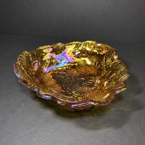 Vintage Indiana Iridescent Marigold Carnival Glass Loganberry Leaf Dish 7"